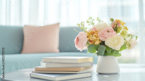 Elegant home decor with soft pastel flower arrangement and books on table