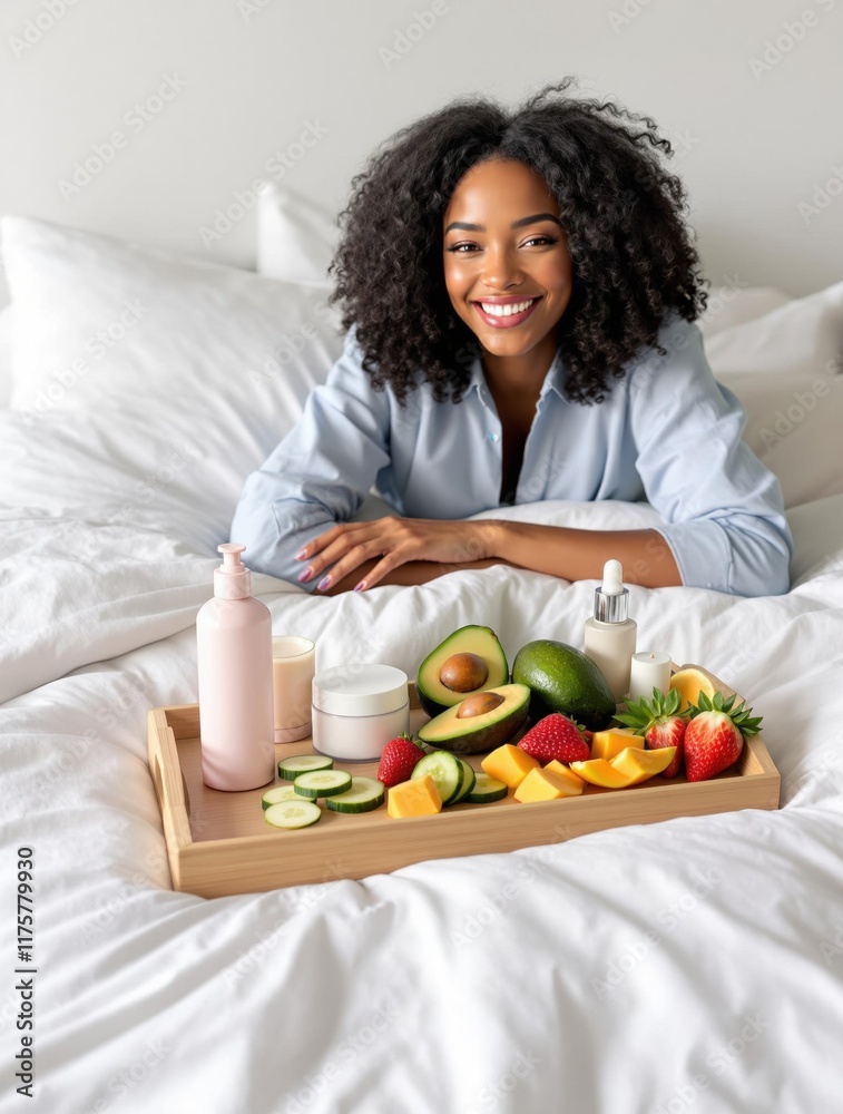 Smiling Young Woman with Curly Hair Lying in Bed with Skincare Products and Skin-Boosting Fruits on Stylish Tray, Bright and Modern Lifestyle Scene for Wellness and Self-Care Branding. Smiling Young Woman with Curly Hair Lying in Bed with Skincare Products and Skin-Boosting Fruits on Stylish Tray, Bright and Modern Lifestyle Scene for Wellness and Self-Care Branding.