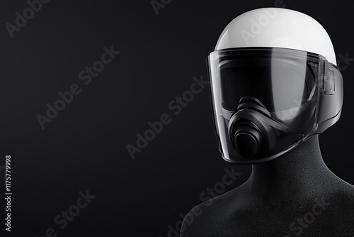 A futuristic mask on a textured figure against a dark background, suggesting themes of protection and technology. photo