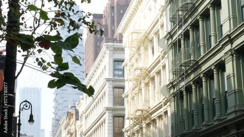 New York City Manhattan Soho fashion district near Broadway street. USA urban building facade, old american architecture. Shopping in NYC, United States. Business and residential real estate. Lantern