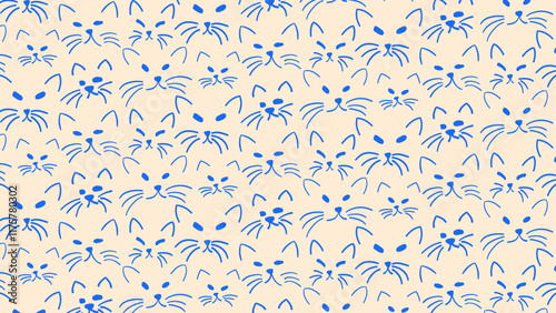 Seamless pattern with blue cat faces on a beige background