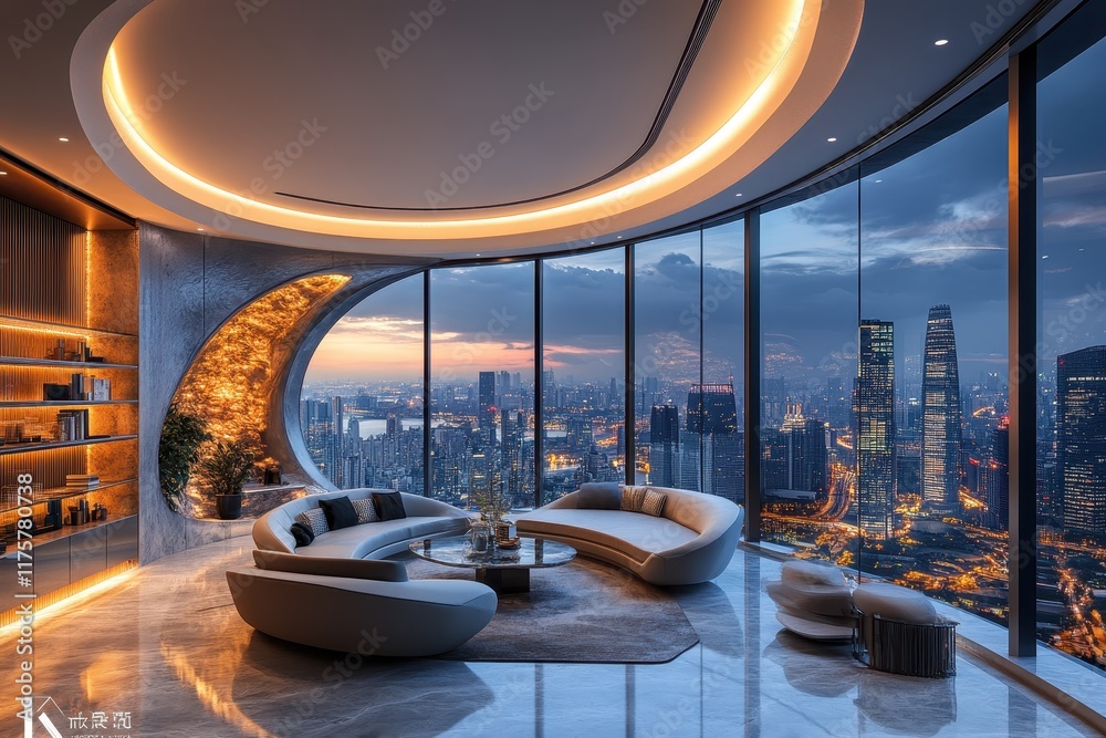 Naklejka premium Elegant modern living room with city skyline view at dusk in luxurious high-rise apartment