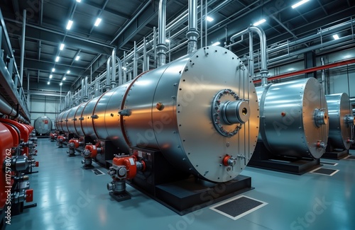 Modern industrial boiler room. Many large gas boilers. Industrial tech equipment. Steel pipes, valves. Modern design. Powerful heat system. High tech heating plant. Energy efficient design. Energy photo