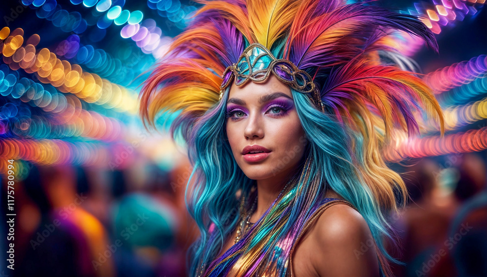 Obraz premium Woman in a Vibrant Carnival Costume with Colorful Feathers and Lights