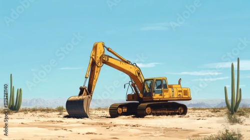 Yellow excavator in desert landscape.