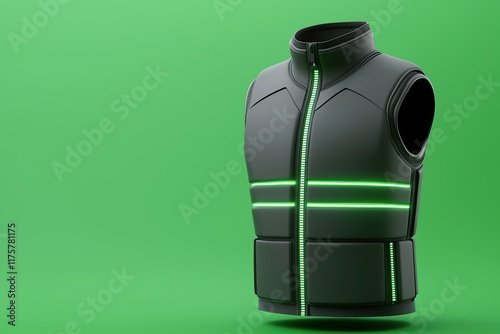 A sleek, black vest with glowing green accents, set against a vibrant green background, showcasing modern design and technology. photo