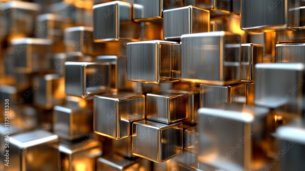 A digital cloud made of small cubes dissolving into a blurred background with fading white, gold, and silver tones, symbolizing the transition between technology and chaos, minimalistic and modern in A digital cloud made of small cubes dissolving into a blurred background with fading white, gold, and silver tones, symbolizing the transition between technology and chaos, minimalistic and modern in