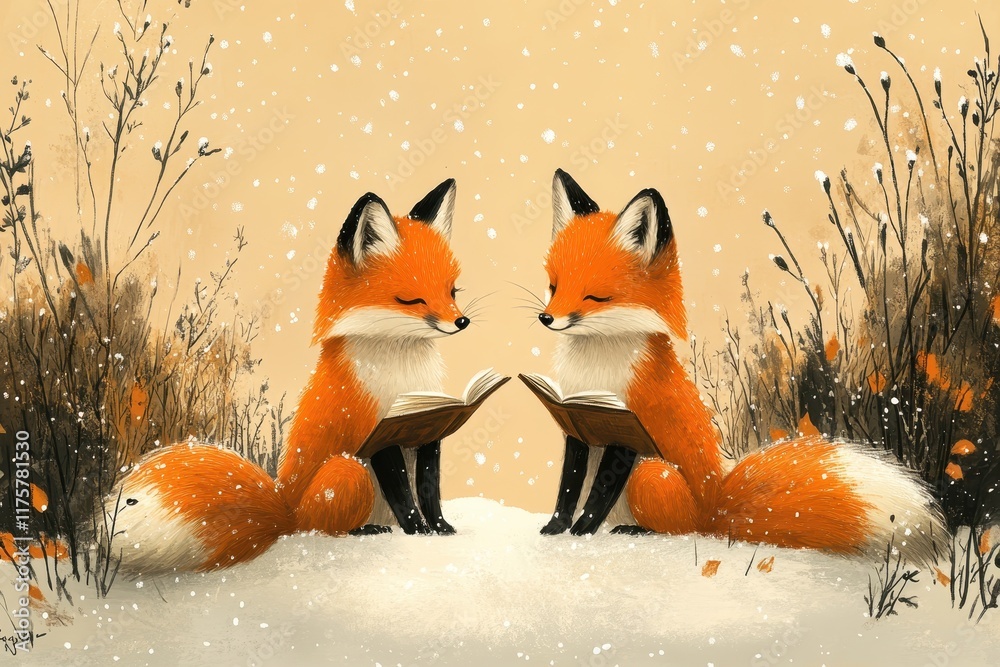 Obraz premium Two foxes reading books in a serene winter landscape with gentle snowfall