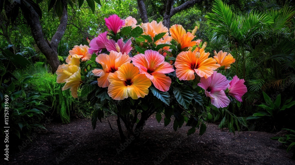 Vibrant hibiscus flowers bloom in a lush garden setting. Vibrant hibiscus flowers bloom in a lush garden setting.