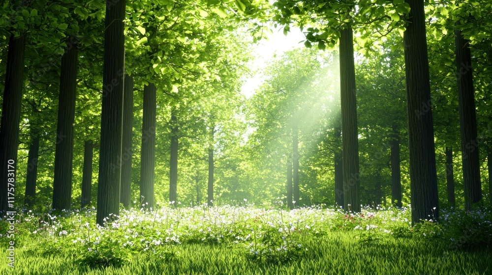 Obraz premium Lush forest with sunlight filtering through trees and flowers.