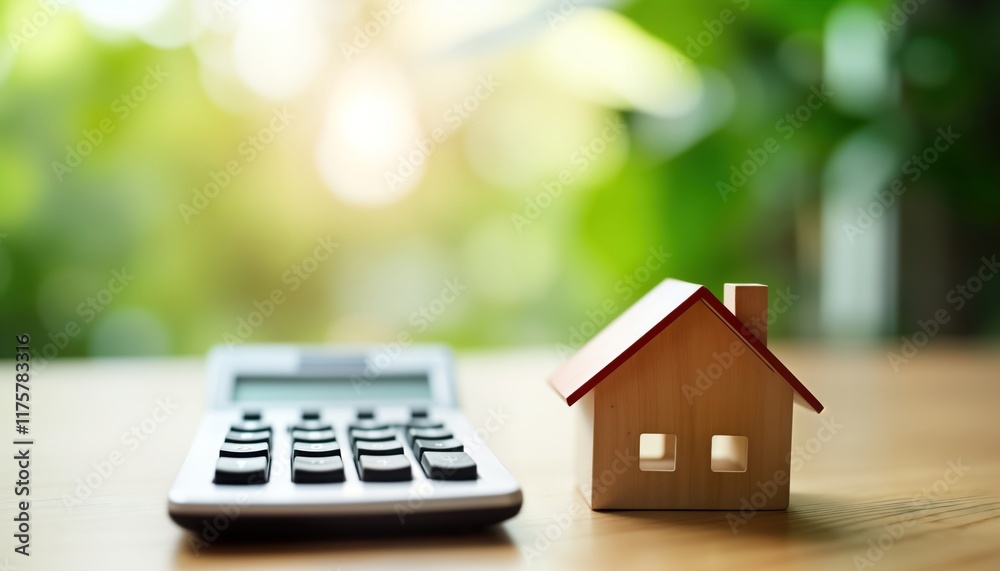 Small wooden house model sits beside calculator on light brown table. Possible concepts include real estate finance home buying. Still life photo could used for website about mortgages blog post on Small wooden house model sits beside calculator on light brown table. Possible concepts include real estate finance home buying. Still life photo could used for website about mortgages blog post on