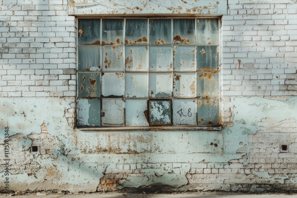 Naklejka premium White brick wall with old wooden window in russian city. Detailed photo textured background