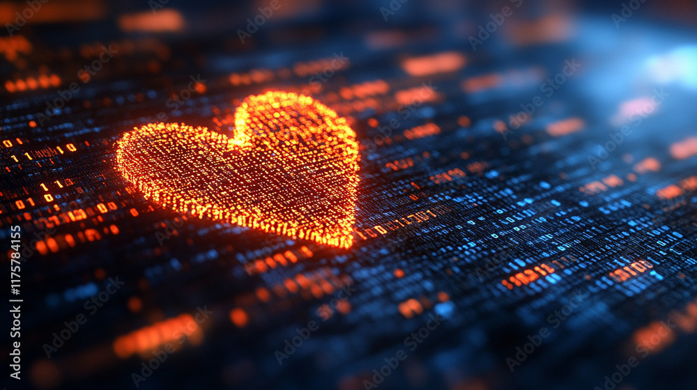 A digital representation of binary codes and cyberspace forming heart shapes symbolizing love in future technology with a blurred chaotic background and space for a caption on the side
A digital representation of binary codes and cyberspace forming heart shapes symbolizing love in future technology with a blurred chaotic background and space for a caption on the side