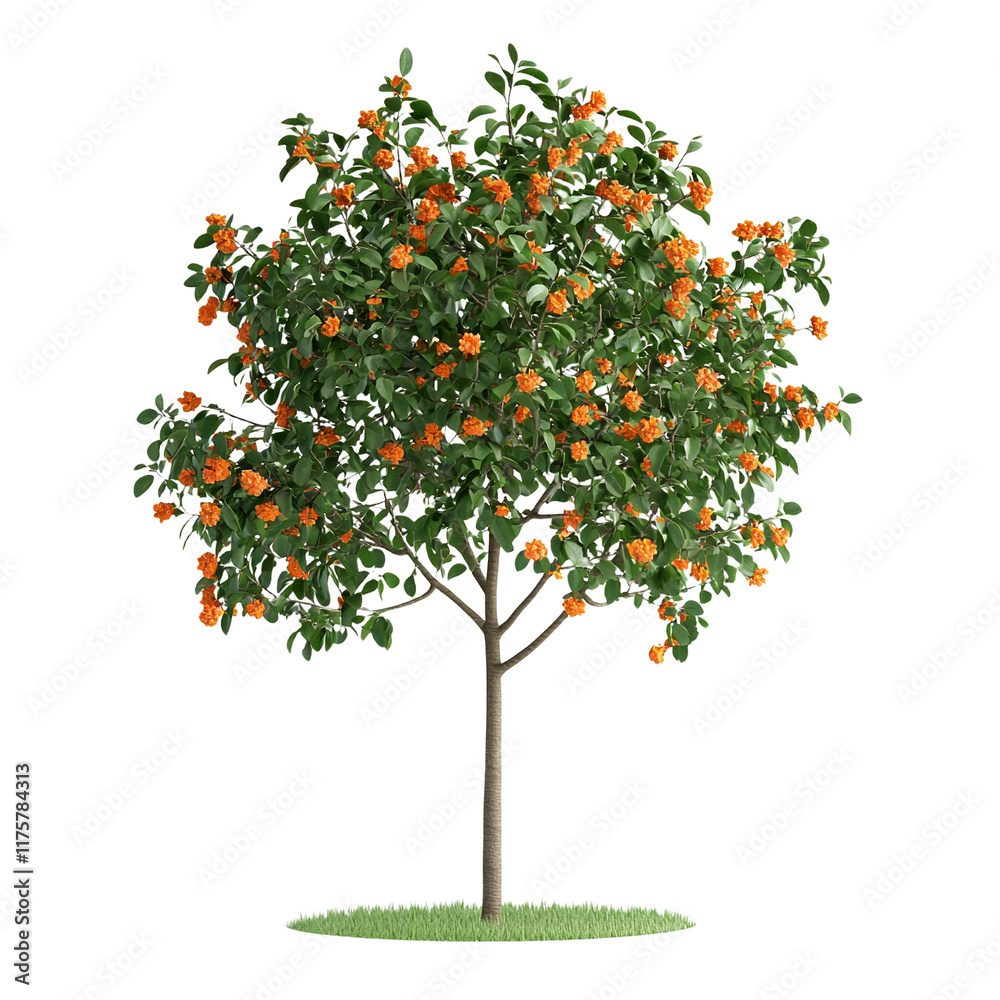 Fototapeta premium a 3d tree with orange fruit and white flowers PNG image, PNG file, Generative art.