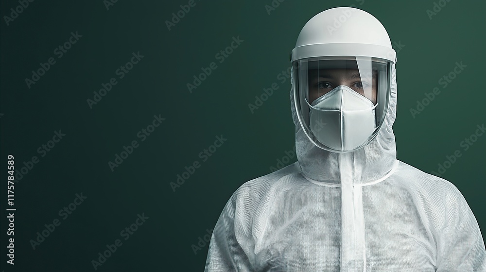 A masked individual in a protective suit stands against a green backdrop, symbolizing safety and health precautions. A masked individual in a protective suit stands against a green backdrop, symbolizing safety and health precautions.