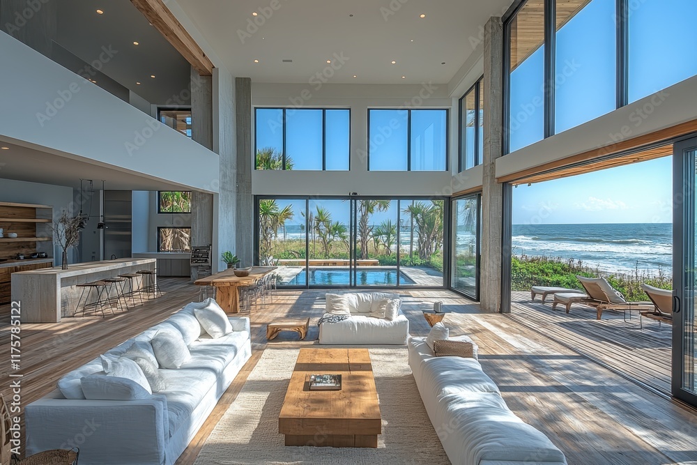 Fototapeta premium Spacious coastal living room with panoramic ocean views and modern aesthetics in a luxury beachfront property
