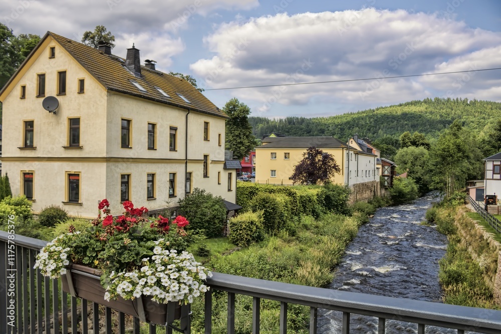 schwarzenberg, deutschland - brücke mit blumenkasten über dem schwarzwasser