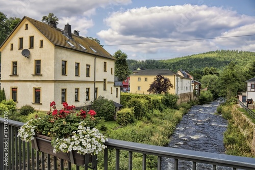 Obraz na płótnie schwarzenberg, deutschland - brücke mit blumenkasten über dem schwarzwasser w salonie