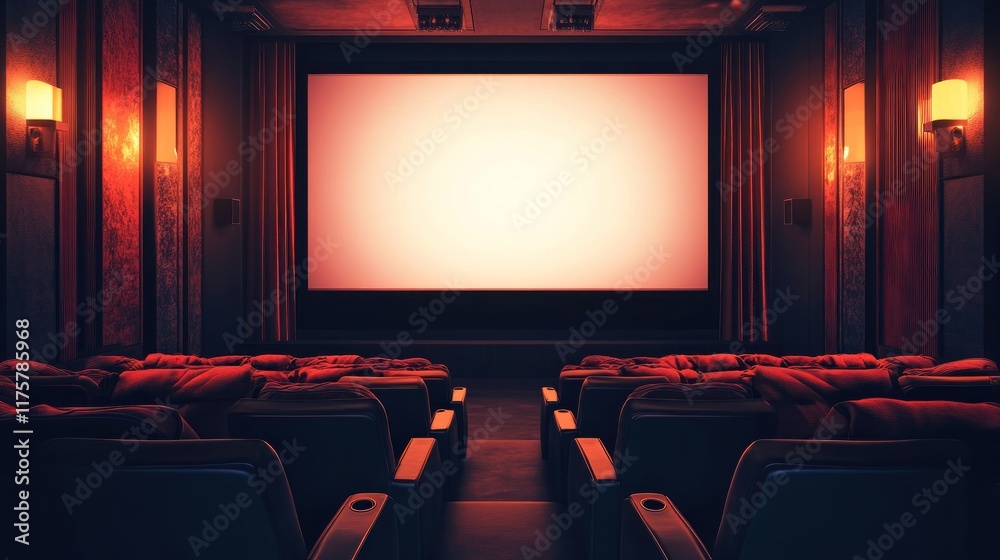 Fototapeta premium Empty vintage movie theater with red seats and large screen.