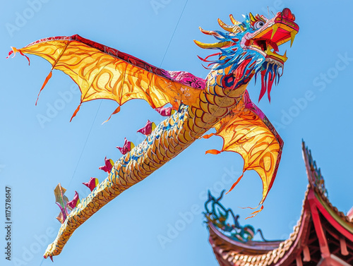Colorful dragon-shaped kite soars over chinese new year celebration city skyline photography festive atmosphere aerial view tradition