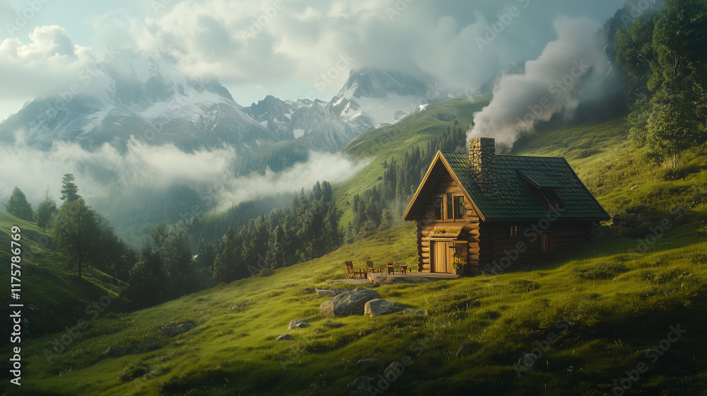 A cozy cabin with smoke curling from the chimney, nestled in a lush green valley in the Alps A cozy cabin with smoke curling from the chimney, nestled in a lush green valley in the Alps