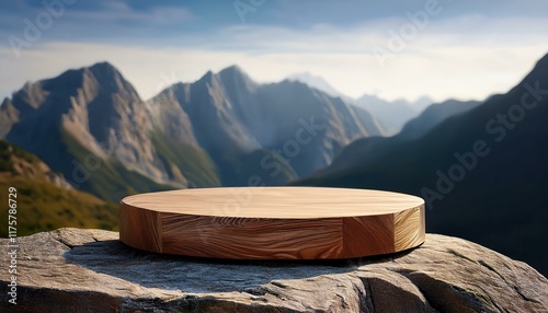 wood podium on a rock with backround of mountain peaks