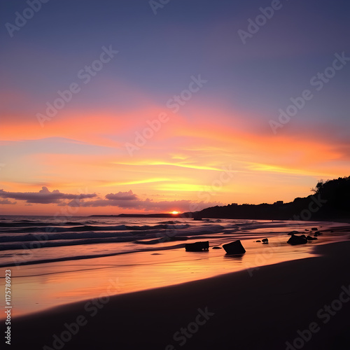 Sunset scenery of matama beach in oita photo