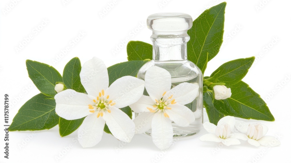 A glass bottle surrounded by white flowers and green leaves. A glass bottle surrounded by white flowers and green leaves.