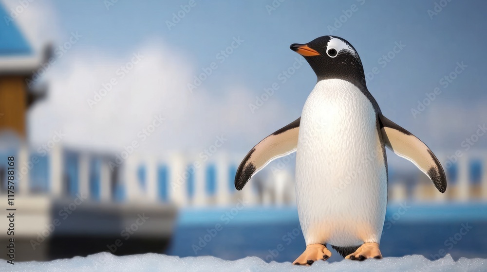 Fototapeta premium A realistic toy penguin standing on snow with a blurred background.