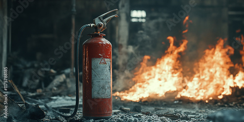 Red fire extinguisher standing on a scorched surface in front of blazing flames, depicting a dramatic fire safety and emergency response scene.