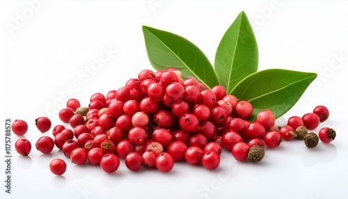 fresh pink peppercorns and green leaves isolated on white background