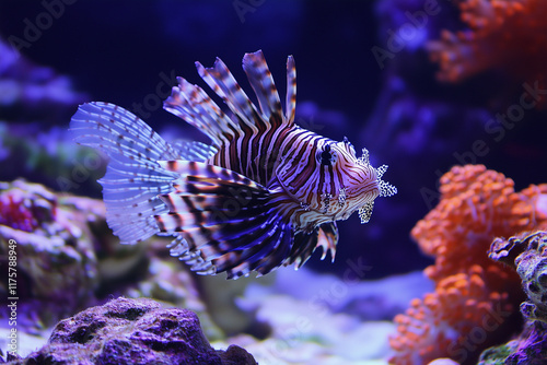 A lionfish with its striking fins and bold patterns gliding near a coral reef photo