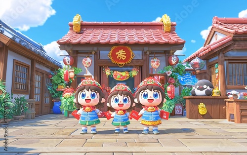 Three children in traditional Chinese attire stand before a temple during a festive celebration. photo