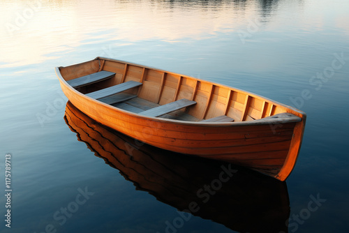 A wooden boat floating on a calm lake.