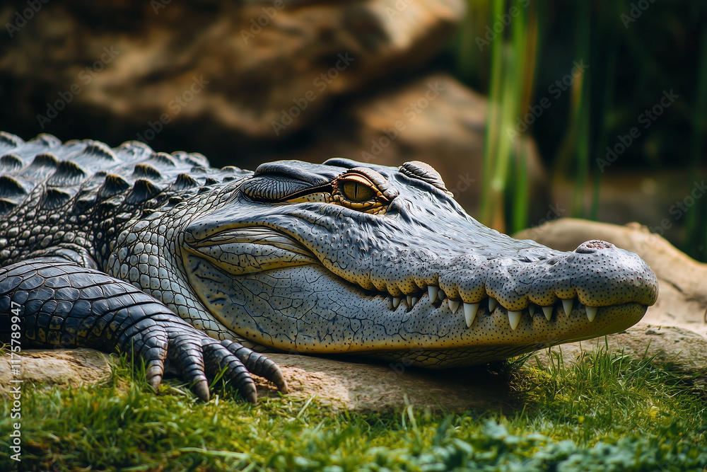 Obraz premium A Nile crocodile basking on the riverbank, with its massive jaw slightly open to cool off