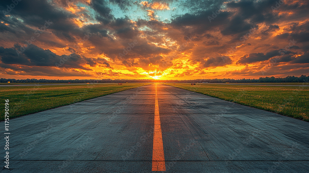 Naklejka premium Wide-angle view of a concrete airport runway bathed in early morning sunlight with numerous braking marks, clear landing markings, creating a scene that blends order and chaos on the empty tarmac