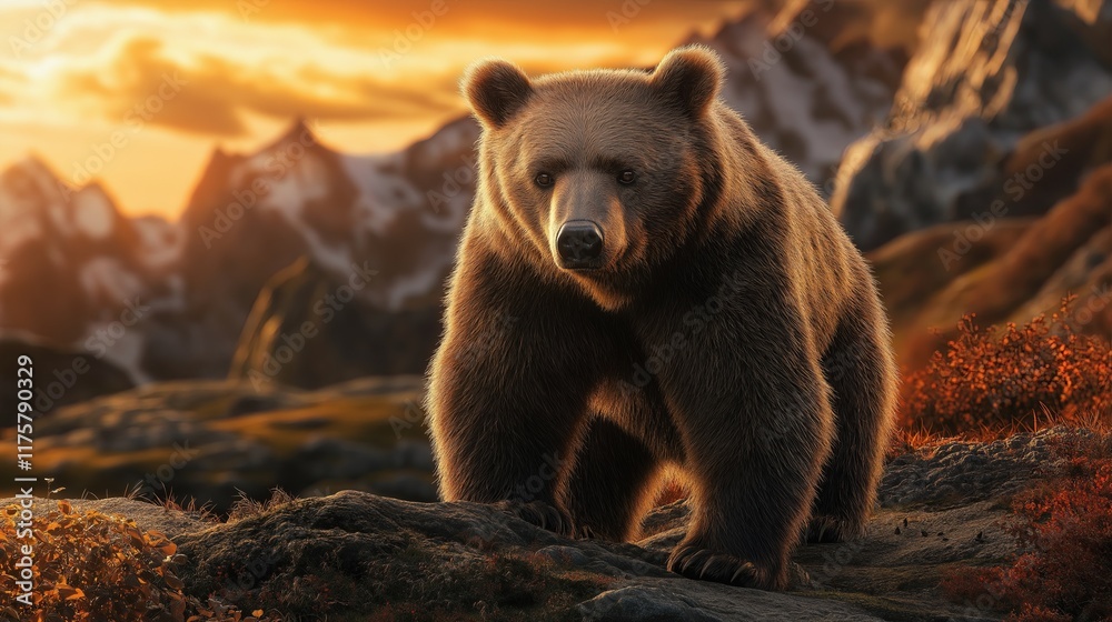 Obraz premium A bear is standing on a rocky mountain