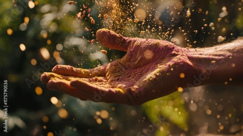 Close-up of hands throwing colorful powder during Holi, dynamic motion, bright pigments, blurred background. Eco-friendly Holi celebrations photo