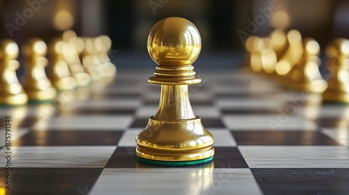 Elegant golden chess piece such as a king or queen captured in a close up low angle shot on a chessboard showcasing the intricate design and premium of the playing piece photo