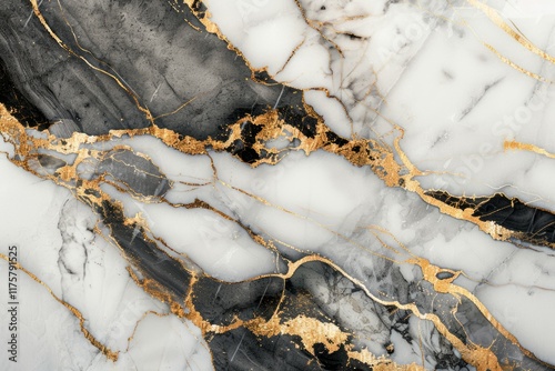  Black and white marble floor pattern with gold veins. Detailed photo textured background