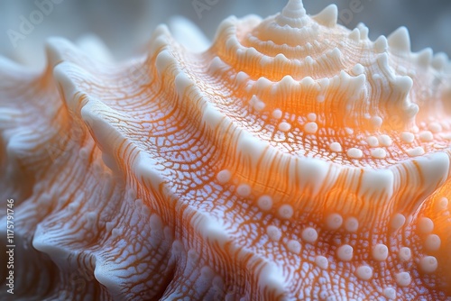 Close-up view of a beautifully detailed seashell showcasing intricate texture and colors found on marine shores photo