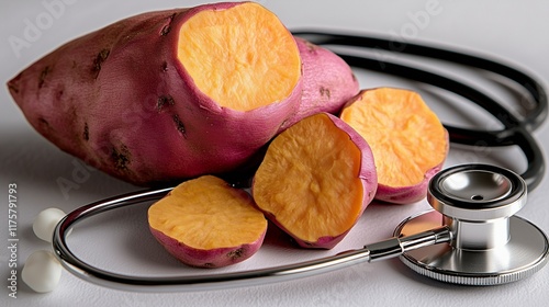 A sweet potato with a stethoscope, highlighting beta-carotene health benefits photo