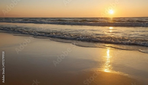 Golden Sunset Over Ocean Waves at Beach