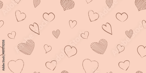 Heart shapes mocha mousse color seamless pattern, love background for Valentines Day. Trendy colour pantone 2025 year. Cute holiday line art. Vector illustration
