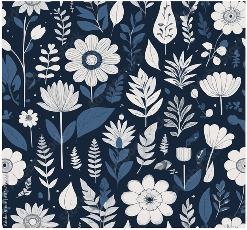 A seamless floral vector pattern featuring white and blue flowers and leaves on a dark background, creating a sophisticated and elegant design.