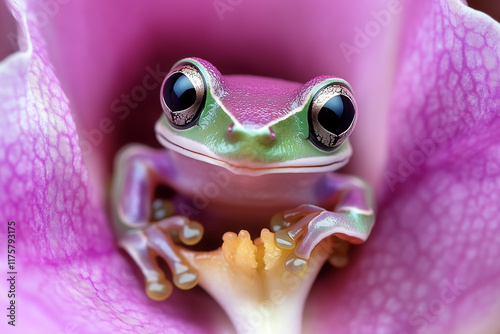 A tiny tree frog sitting inside the petals of a bright pink orchid photo