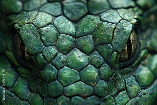 Close-up view of a reptile's textured skin highlighting intricate green scales and watchful eyes in natural habitat photo