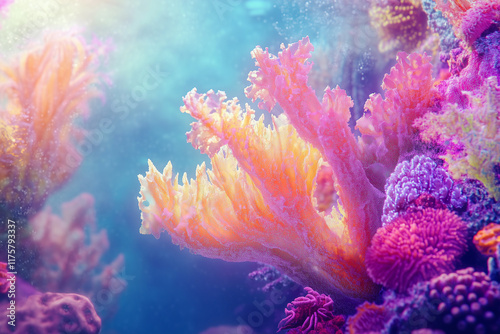 A vibrant coral reef teeming with life, featuring soft corals, sea fans, and colorful sponges photo