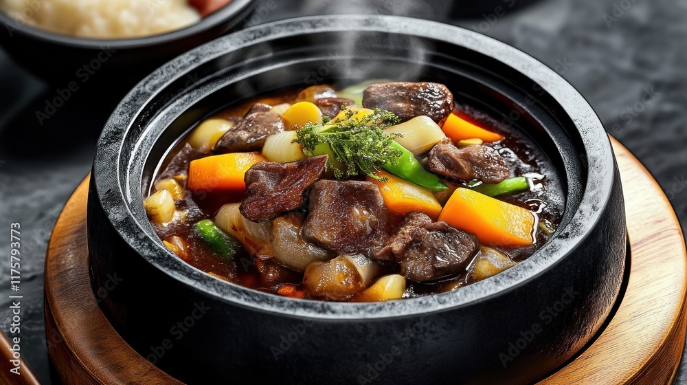 A steaming pot of hearty beef stew with colorful vegetables. A steaming pot of hearty beef stew with colorful vegetables.