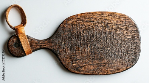 Wooden cutting board with leather loop on white surface, background is blank. photo